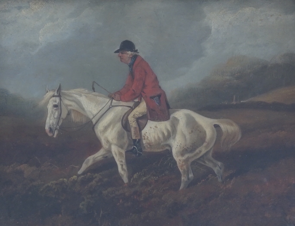 Byron Webb (1831-1867), two oils on board, Huntsmen on horseback, one signed, the other inscribed verso, largest 28 x 22cm, ornate gilt frames